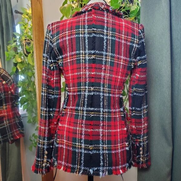 ZARA | Plaid Tweed Red Checkered Frayed Hem Collared Blazer (Size XS) - Picture 5 of 10
